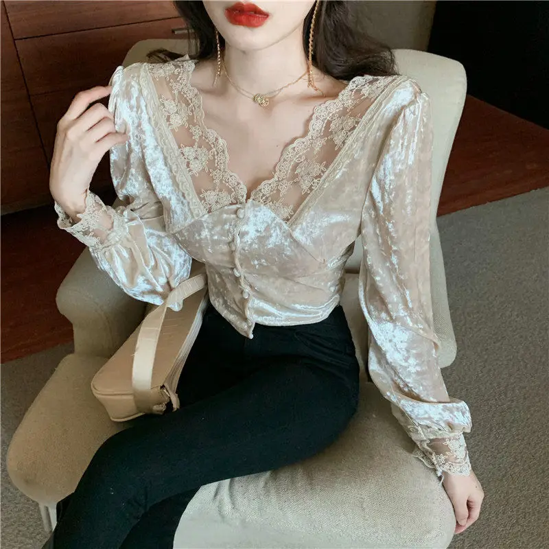 

Deep V Design Long Sleeves Base Coat 2021 Women's Fashion Blouse Ins Style Sexy Lace Waist Coat