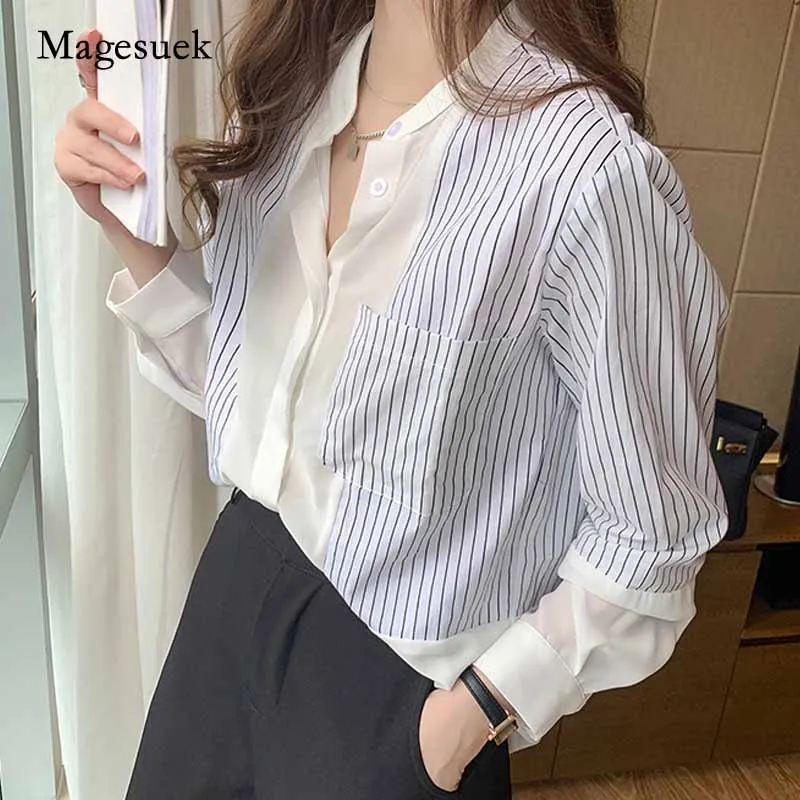 

2020 Autumn New Loose Chiffon Striped Women's Blouse Casual Plus Size Long Sleeve Women Shirt Button Cardigan Ladies Tops 10682