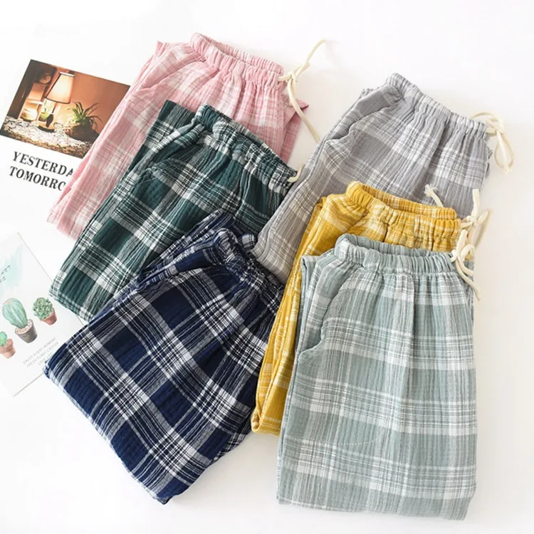 

New Casual Couple Pajamas Pants Cotton Gauze Trousers Thin Japanese Plaid Loose Soft Men's&Women's Home Pants Long Sleep Buttoms