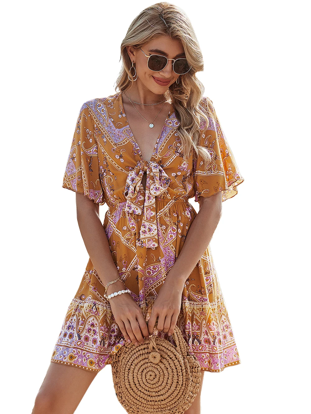 

Women Romantic Bow A-line Print Dress with V-Neck