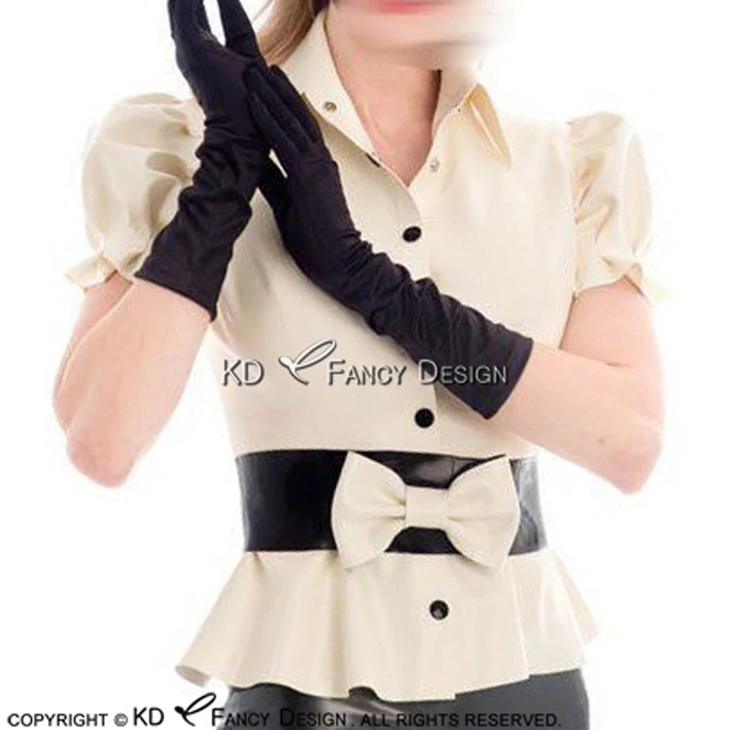

White And Black Sexy Latex Shirt With Bows Buttons Front Puff Sleeves Rubber Blouse Top Clothing YF-0120