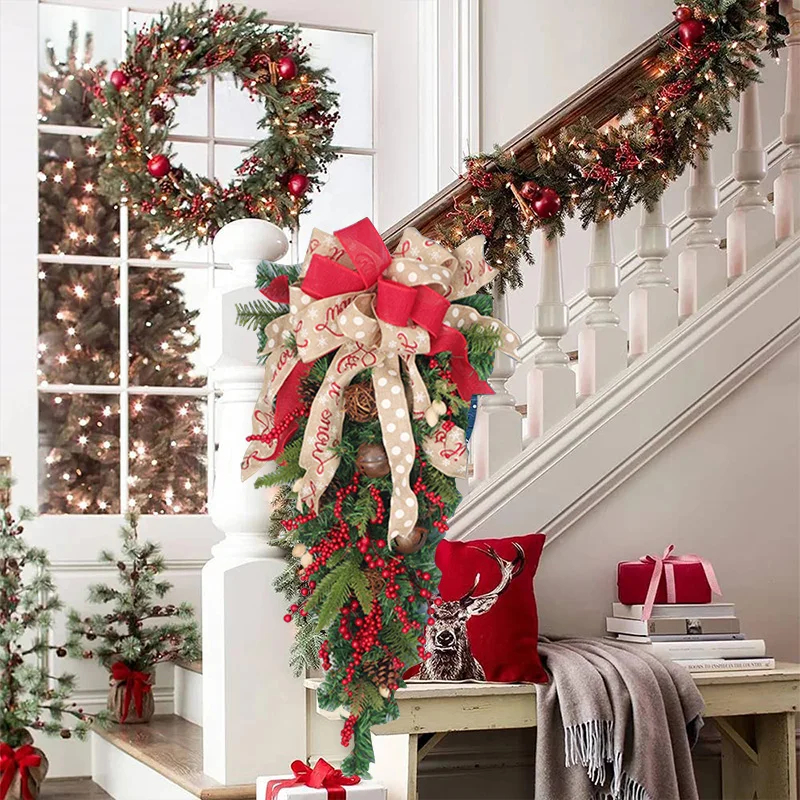 Corona Roja con cintas, &aacute;rboles de pino, bayas, Vintage, decoraciones navide&ntilde;as, guirnalda para puerta y ventana-2