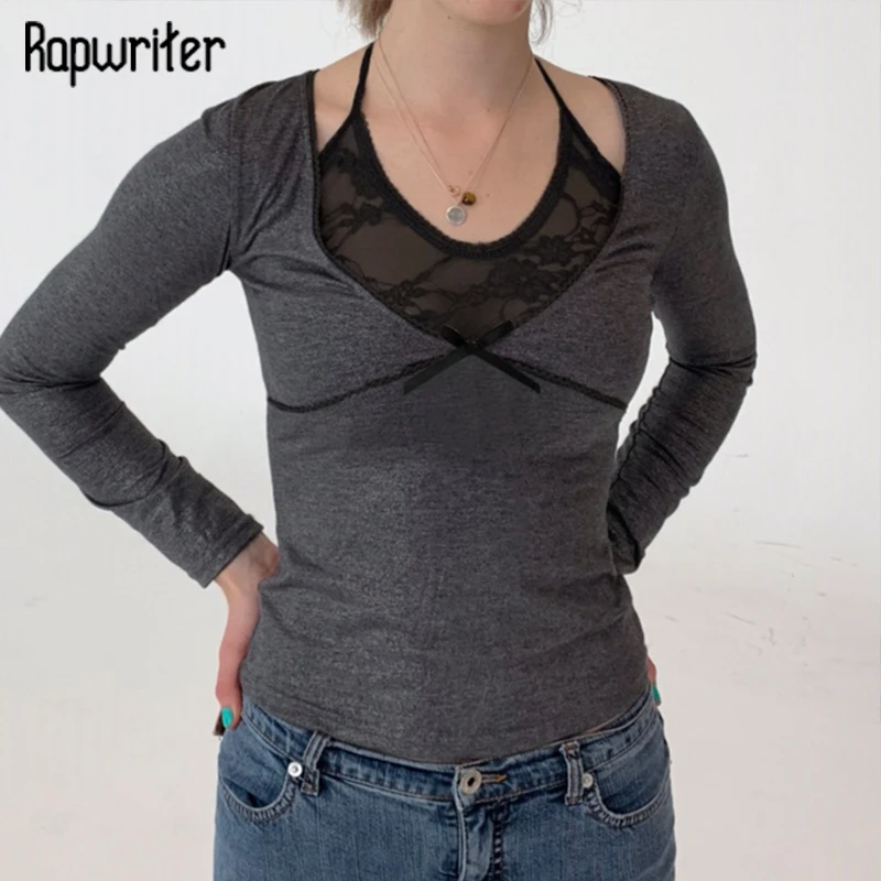 

Rapwriter Y2K Lace Patched Crop Top Halter Skinny Tshirt Casual Fashion Pullover Harajuku Corset Autumn Sweatshirt Streetwear