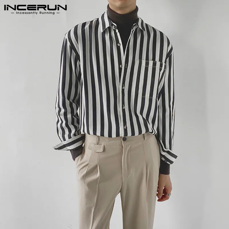 

Long Sleeve Lapel Camisa INCERUN Casual Men Striped Shirts Man Loose Button Blouse Fashion Streak Pocket Brand Shirts Plus Size