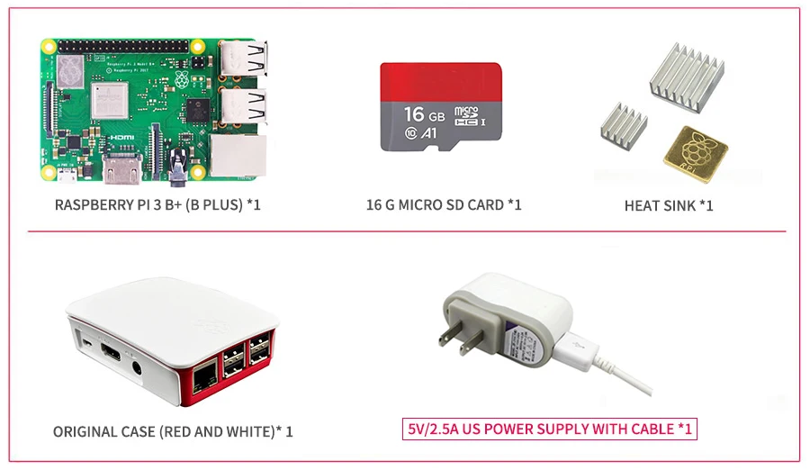 Raspberry Pi 3 Model B+ комплект 16G SD карты+ чехол+ 5 V/2.5A EU/US Питание с кабелем+ теплоотвод