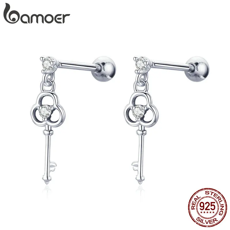 BAMOER, изысканные, 925 пробы, серебряные, сердце, ключ, маленькие серьги-гвоздики для женщин, для свадьбы, помолвки, серебряные ювелирные изделия, подарок SCE539