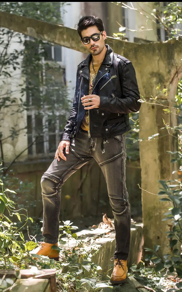 Куртка мужская из натуральной кожи модный Байкерский кожаный пиджак с двумя