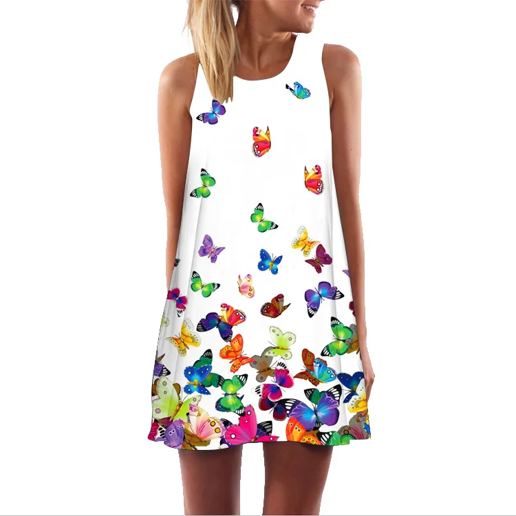 

New Retro Digital Printing round Neck off-Shoulder Medium-Length Vest Dress