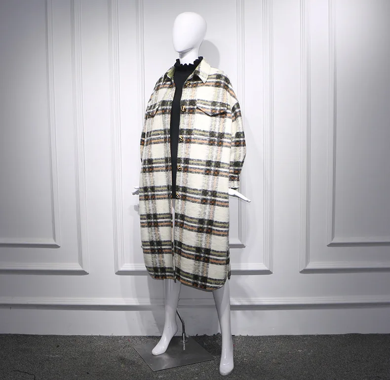 

2020 Spring Turn Down Collar Woolen Plaid Print Elegant Wool Jacket Women Autumn Oversized Long Coat Casaco Feminino