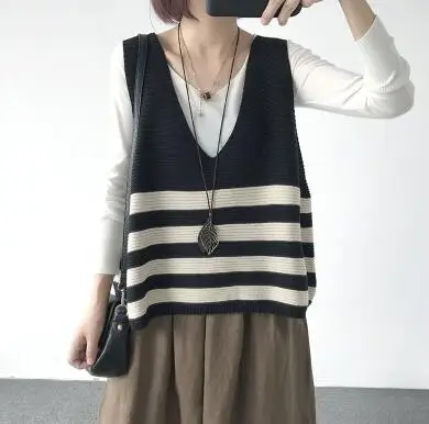 black striped YoYiKamomo, женский свитер, весна, новинка, свободный, размера плюс, Вязанный свитер, Модный пуловер, без рукавов, Повседневная блузка, топы - Цвет: black striped