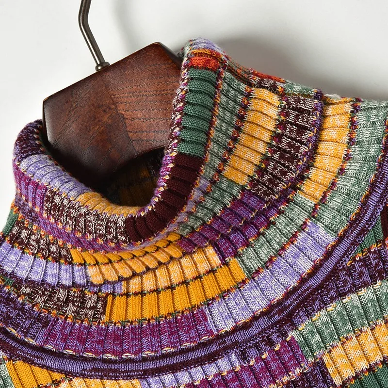 Женский шерстяной свитер с высоким воротником облегающий пуловер контрастной