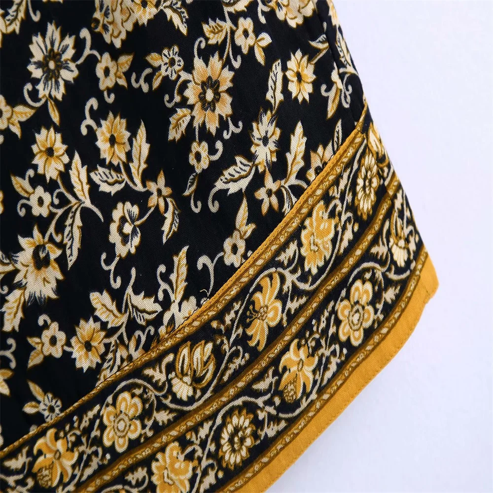 

2021 ZA new summer European and American high waist slimming flower print retro chiffon all-match short bow A-line skirt