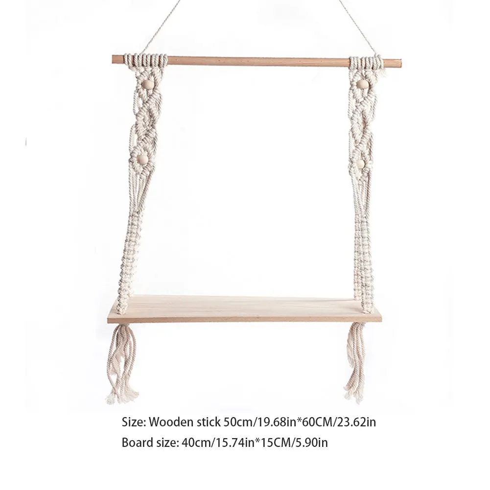 

Hand-Woven Macrame Tapestries Rack Shelf Rustic Wooden Farmhouse Hanging Decorative Shelves Wall Hanging Shelves Ornament