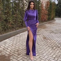 fashion o neck long puff sleeves evening dress purple 2022 satin elegant women prom gown slit pleat robes de soir%c3%a9e