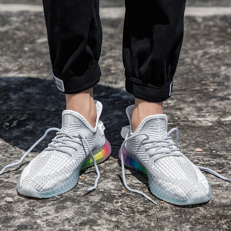 2019 Transparent Magic Color Bottom Coconut Shoes Woven Mesh Breathable Sports Men's Lightweight Fashion Sneakers Zapatos | Обувь