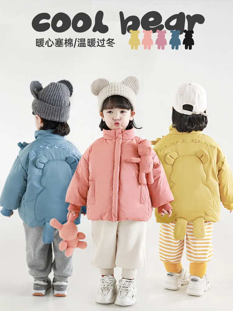 

Теплая хлопковая одежда для девочек Новинка Зима 2021 куртка с трехмерным медведем модная куртка с вышивкой для малышей