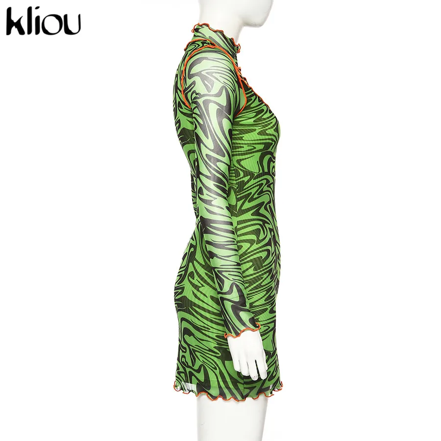 Kliou Fall Sexy Club Dresses women Fashion Print High Neck ruffles Long Sleeve Mini slim Bodycon Dress sexy mesh fabric