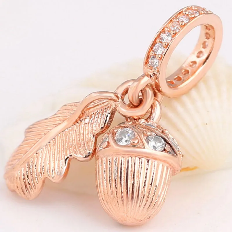 

100% 925 Sterling Silver Charm Rose Gold Acorn And Falling Leaves Pendant Fit Pandora Women Bracelet & Necklace Diy Jewelry