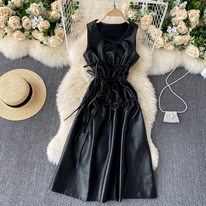 

Street Cool Style Drawstrings Ruched Women PU Leather Tank Dress Medium Long Black Leather Dress TN1384