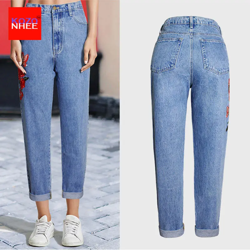 Женские свободные шаровары винтажные джинсы с высокой талией и вышитыми розами