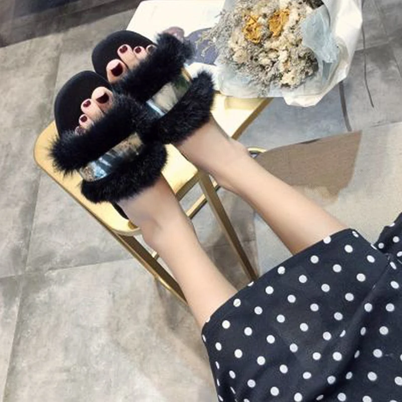 Real Rabbit Fur Slippers Fluffy Flip Flops Furry Fur Slides Ladies Gold Luxury Plush Slippers Flat Sandals Designer Women Shoes