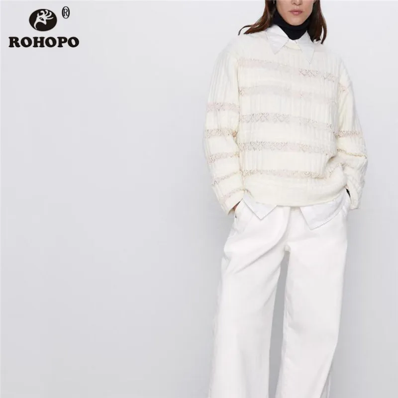 ROHOPO круглый воротник длинный рукав жаккардовый белый свитер зимний толстый