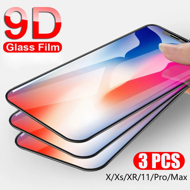 

3pcs Protective Glass for iPhone 11 Pro Max Full Cover Screen Protector for iphone X XS Max XR Front film 9D Tempered Glass