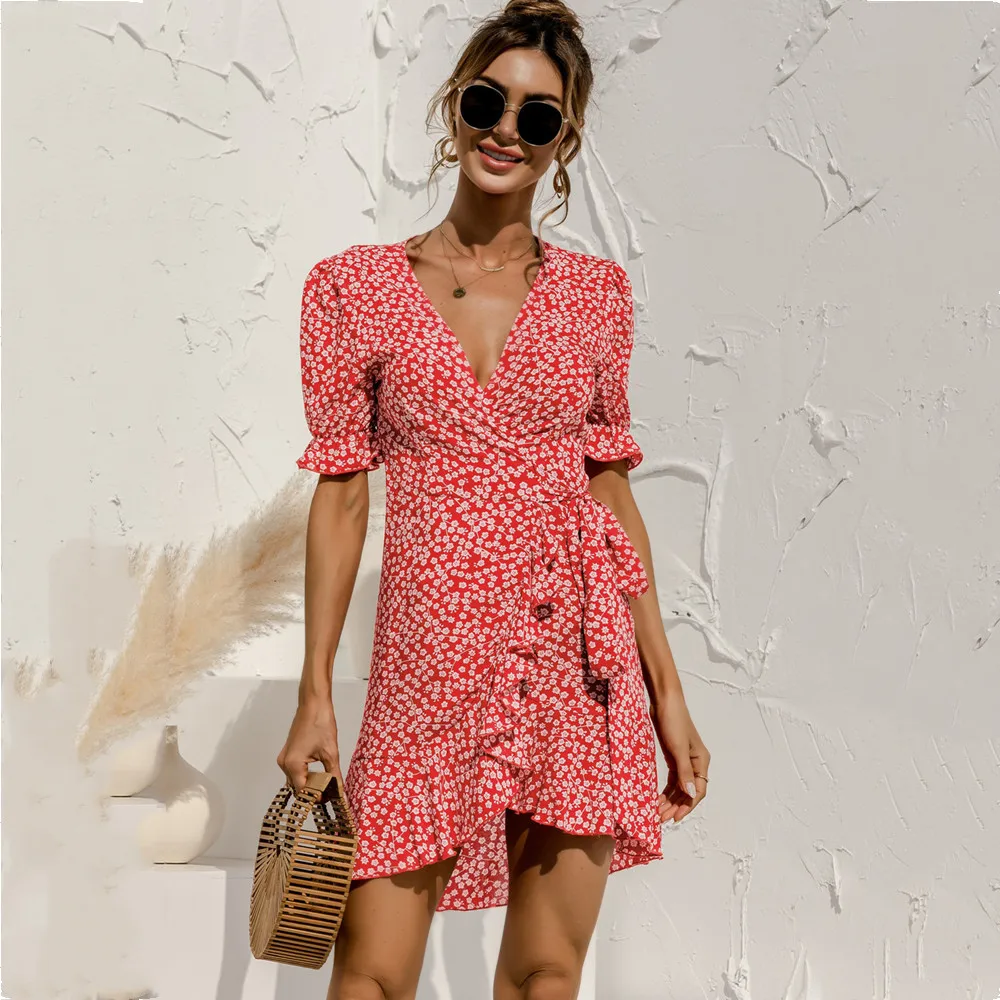 

Fashion Irregular Ruffle Stitching Boho Mini Dresses For Women 2021 Summer Sexy V-Neck Floral Lace-Up Dress Vestido De Mujer