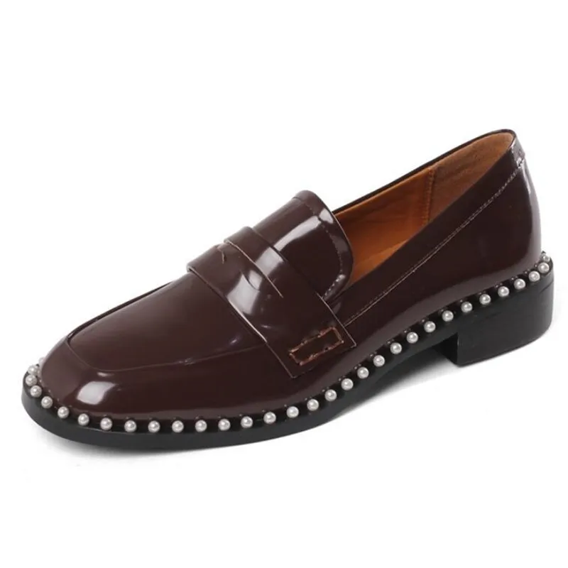 

2021 Pearl Decoration Genuine Leather Black Flats Woman Shallow Mouth Round Toe Brown Loafers Slip on Casual Shoes F308-10