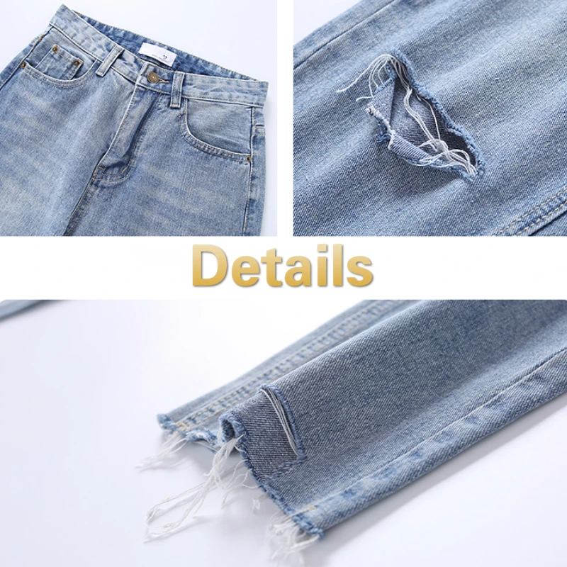 

High Waist Jeans Women Holes Irregular Hem Fur-lined Chic Harajuku Summer Womens Teens BF Leisure Unisex Vintage Flare Trousers