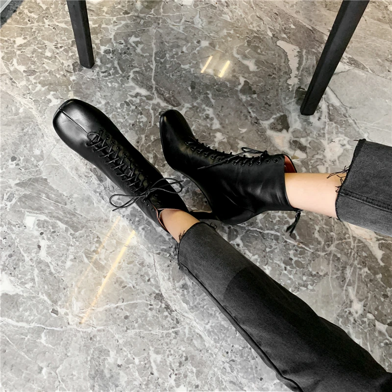 ISNOM/сапоги на высоком каблуке; женские ботильоны из коровьей кожи; женская обувь на шнуровке; женская обувь с квадратным носком; женская зимняя обувь; Новинка года