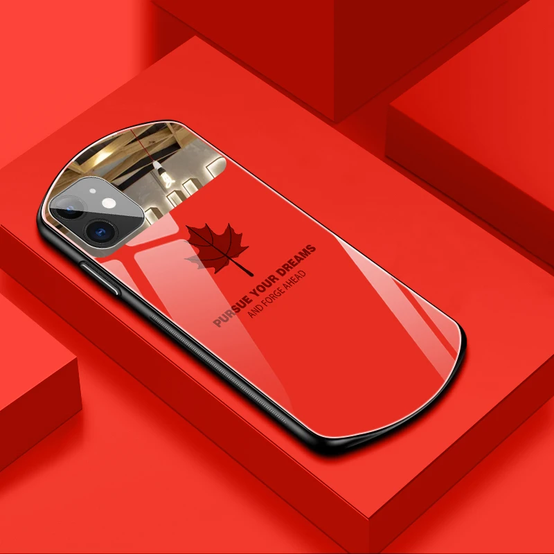 Luxury Cute Oval Maple Leaf Tempered Glass Phone Case For iPhone 14 13 12 11 Pro Max XS XR X SE 8 7 6 Plus Mirror Silicone Cover