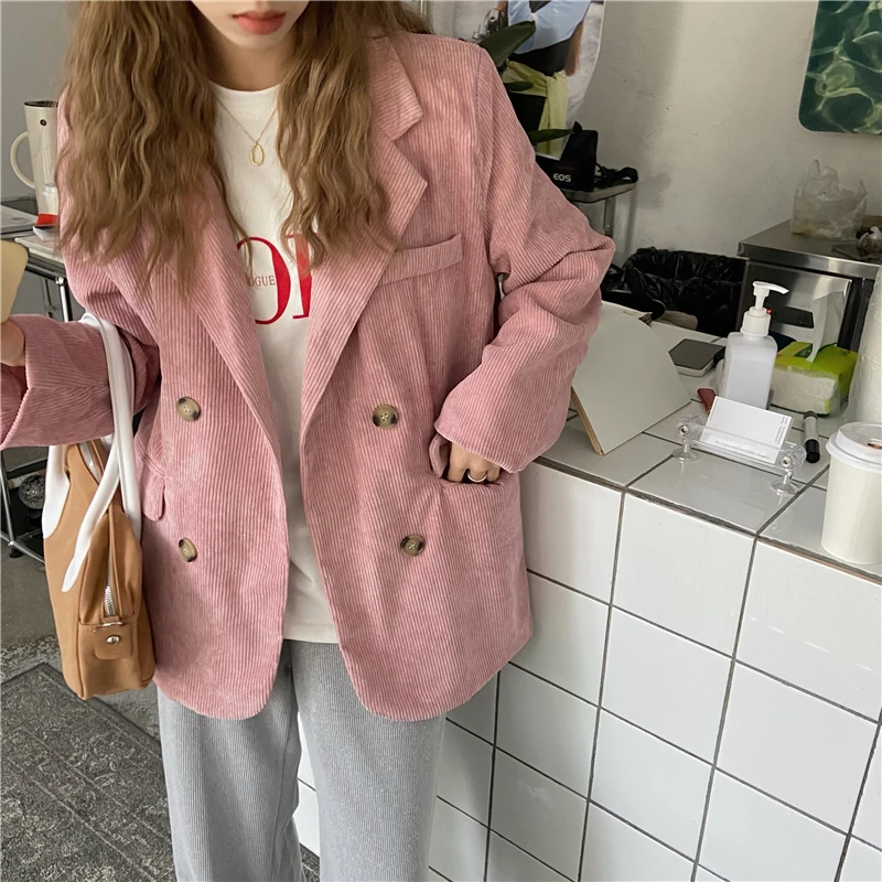 

2021 New Korean Fashion Woman Corduroy Jacket Solid Double Breasted Turn Down Collar Casual Blazer With Pocket Feminina