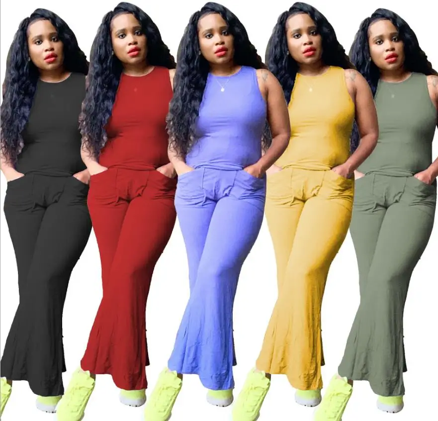 

2021 Summer Women Solid 2PCS Crew Neck One Sleeveless Tops + Loose Wide Leg Pockets Pants Office Lady Tracksuits High Street