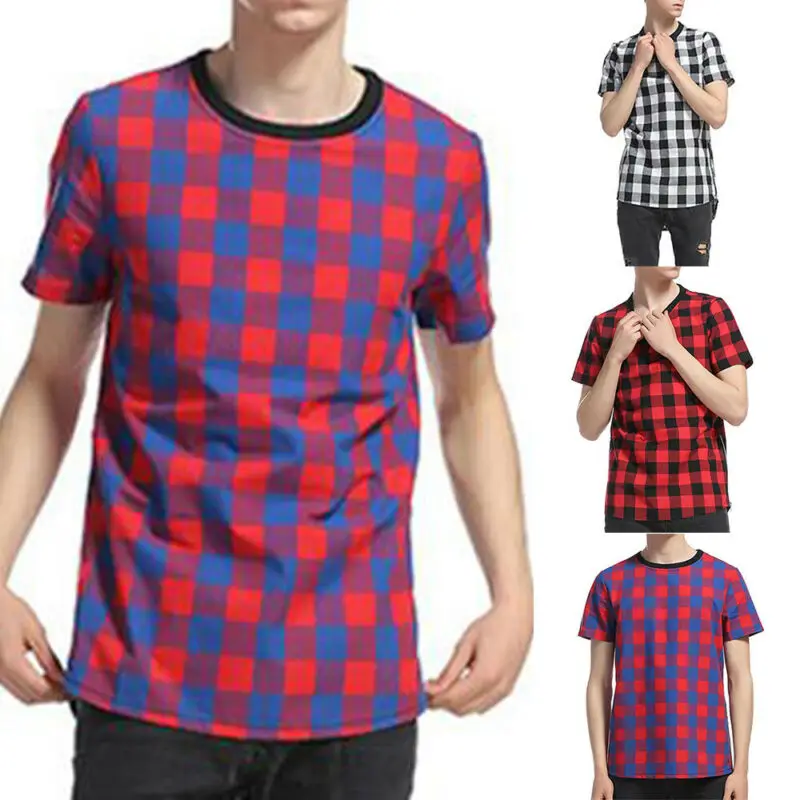 Мужские летние повседневные спортивные футболки в клетку с коротким рукавом и