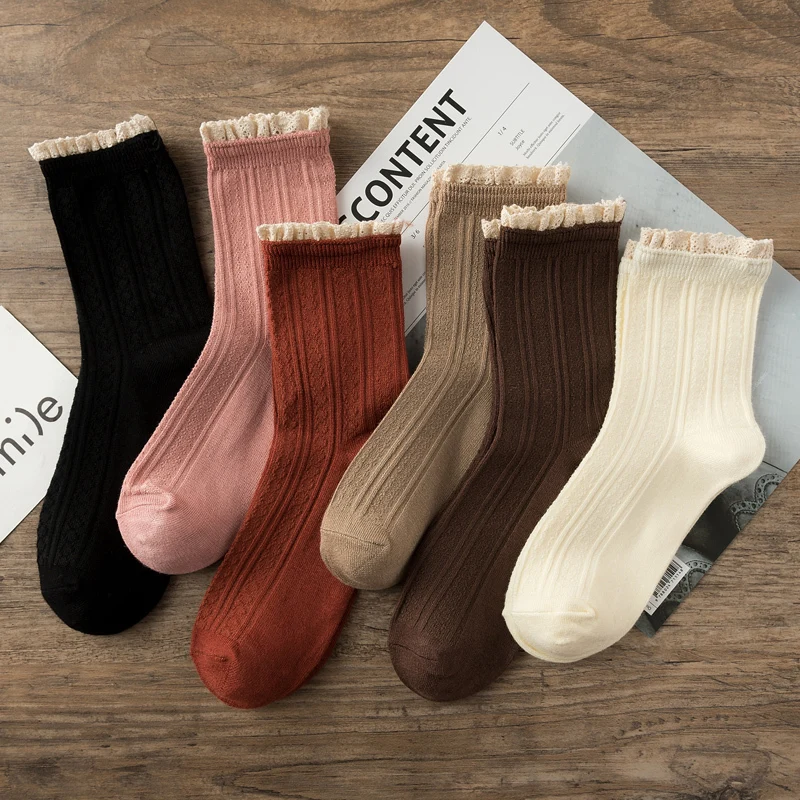 

New Socks Women Black Lacework Socks Harajuku Polyester Spring Autumn Fashion Solid Ins Style One Size Woman Socks 35-39