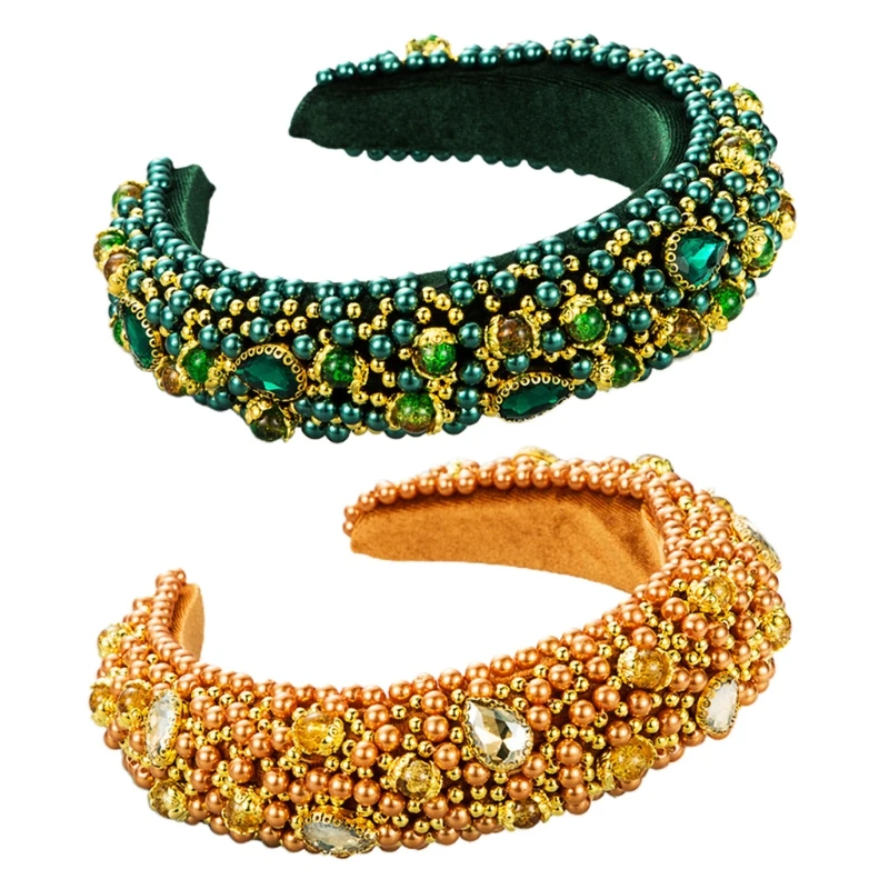 

Baroque Ladies Sponge Padded Velvet Headband Starry Sky Imitation Pearl Hair Hoop Handmade Beading Crystal Jewelry Crown