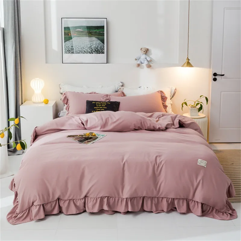 

Solid Color Ruffled White Duvet Cover Bed sheet Pillowcase Queen Twin King Washed Microfiber 3/4Pcs Bedding Sets Soft Breathable