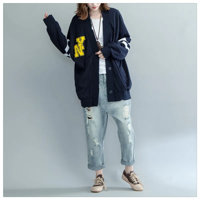 

2019 New Female Spring Loose Plus Size Coat Cotton Cardigan Striped Letter Print Jacket V-neck Outerwear cc1156