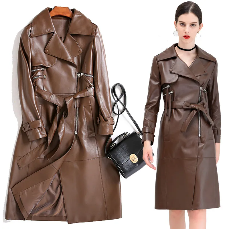 Женский тренчкот из натуральной кожи элегантная приталенная куртка овчины в