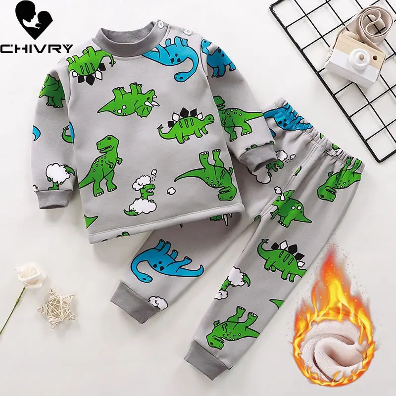 New 2021 Kids Boys Thicken Pajama Sets Cartoon O-Neck T-Shirt Tops with Pants Baby Girls Autumn Winter Warm Sleeping Clothes