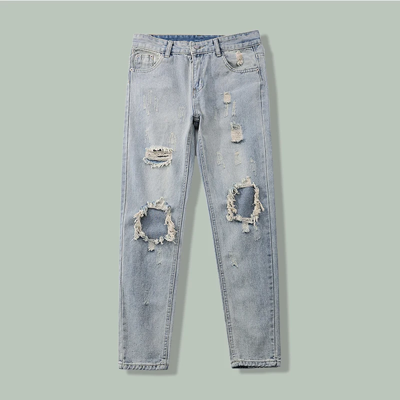 

Hip Hop Water Wash Hole Straight-leg Jeans Men Harajuku Streetwear Retro Casual Trousers 2021 Summer Baggy Joggers Sports Pants