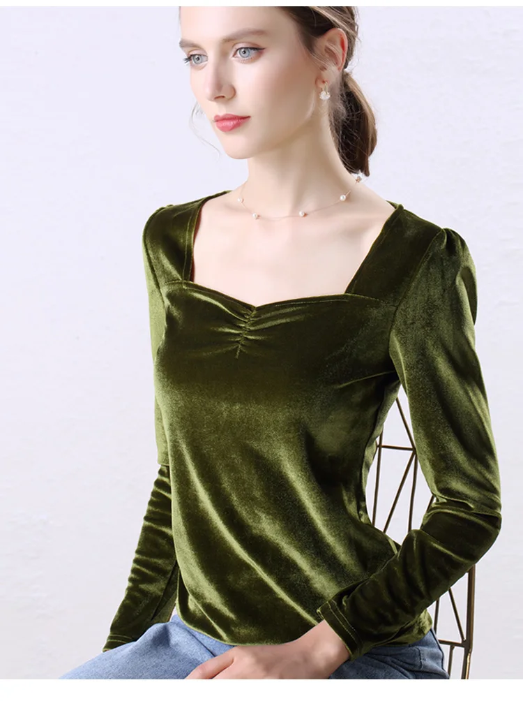Green Зимние Бархатные Ретро женские футболки с длинным рукавом Femme плиссированные сексуальные футболки с квадратным воротником женские Модные осенние новые футболки - Цвет: Green