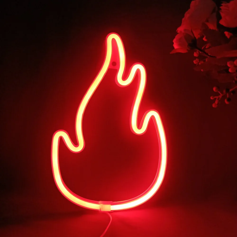 Fire Flame Neon Sign Light LED Hanging Wall Lamp Bulbs Night light Decor Store Room Party Ornaments USB + Battery Box Powered