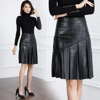 2022 new leather leather skirt female over the knee pleated skirt high waist temperament leather skirt k8