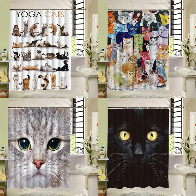Занавеска для душа с изображением животных йоги кошек 12 крючков|Шторы душа| |