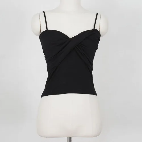 

Korean Women's Bottoming Shirt Simple V-neck Folds Twisted Slim Sexy Suspenders Camis Broadcloth Cotton Casual
