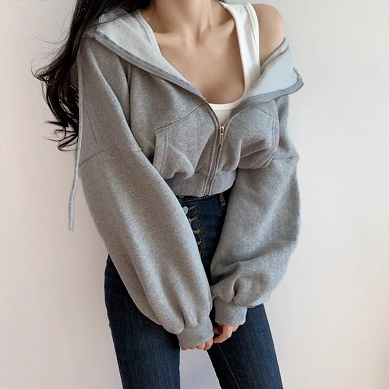 

Short Plus Fleece Loose Hoodie Women Solid Color Sweatshirt Sportswear Long-sleeved Women 39;s Short Top Fashion Hanbok Harajuku