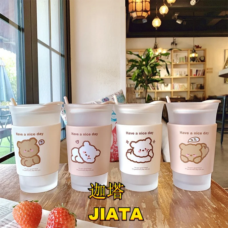 

Cute Bear Coffee Glass High Borosilicate with Cup Holder Spoon Milk Tea Cup Ins Girl Heart Student Water Cup Kawaii Mug