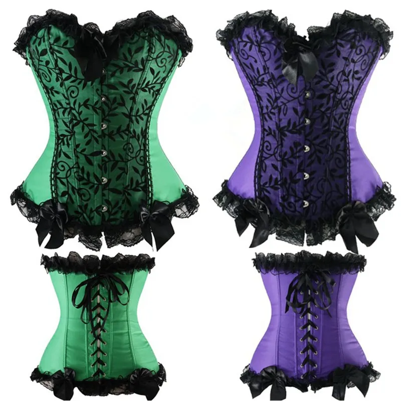 

Sexy Women Green Laced Satin Bowknot Corsets Overbust Fashion Floral Pattern Bustier Boned Lace Up Plus